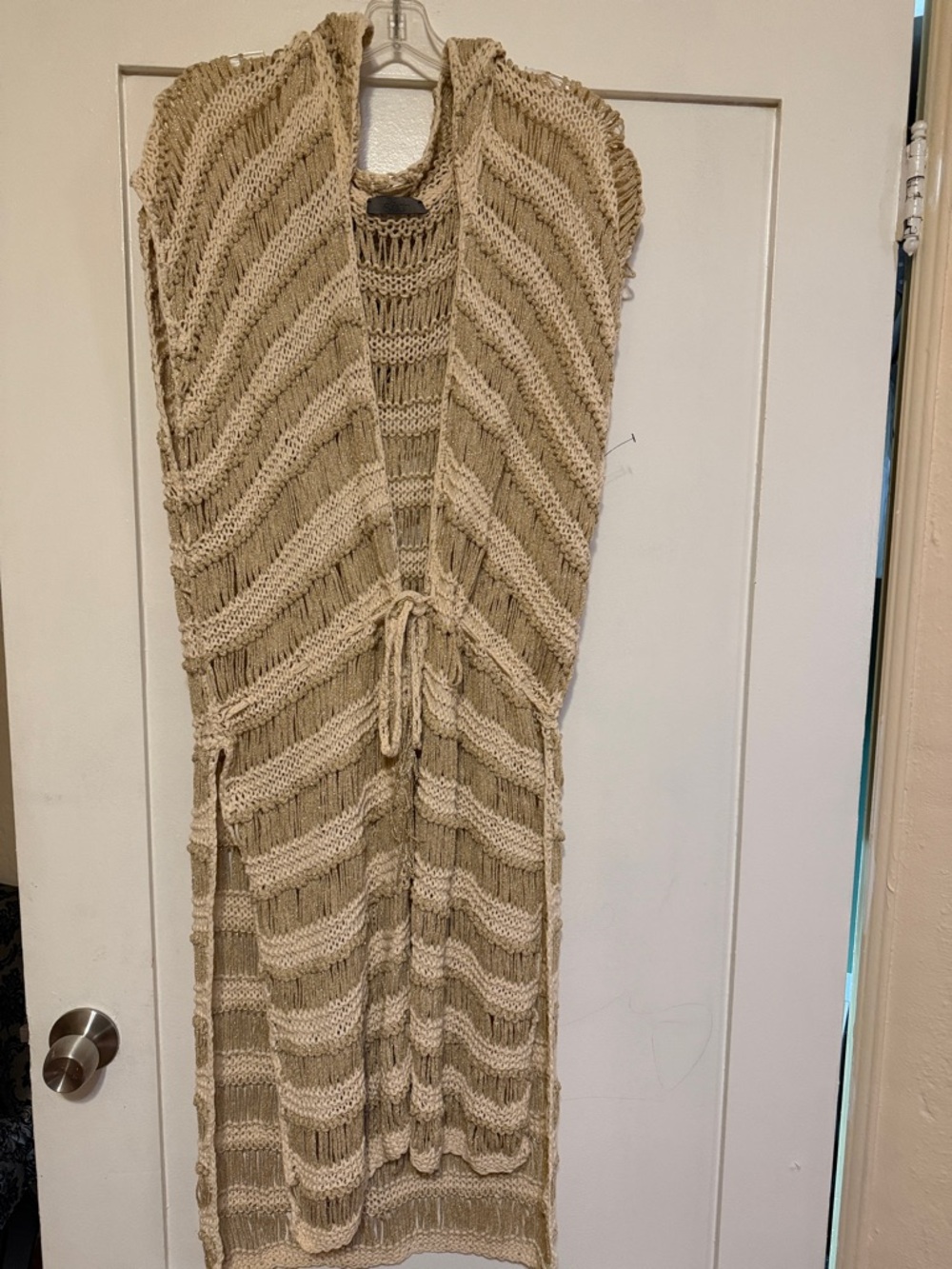SADH  Beige Open-Knit Long Vest with Tie Waist